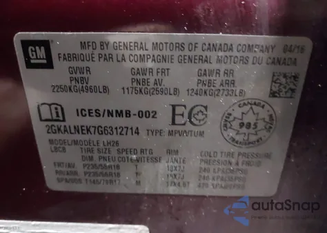 2016 GMC Terrain Sle-2 из США, поврежденный, VIN 2GKALNEK7G6312714